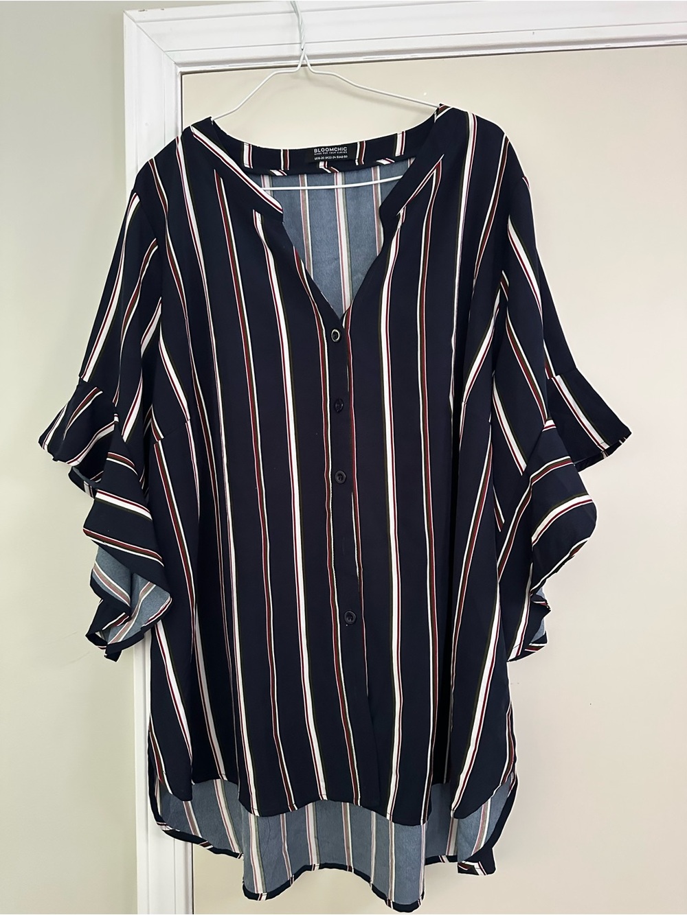 BloomChic Navy Multi-Stripe Button Front Ruffle Sleeve Blouse